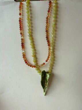 Vintage Femme Gems Green & Amber Sterling Silver 2 Strain Ceramic Leaf Necklace